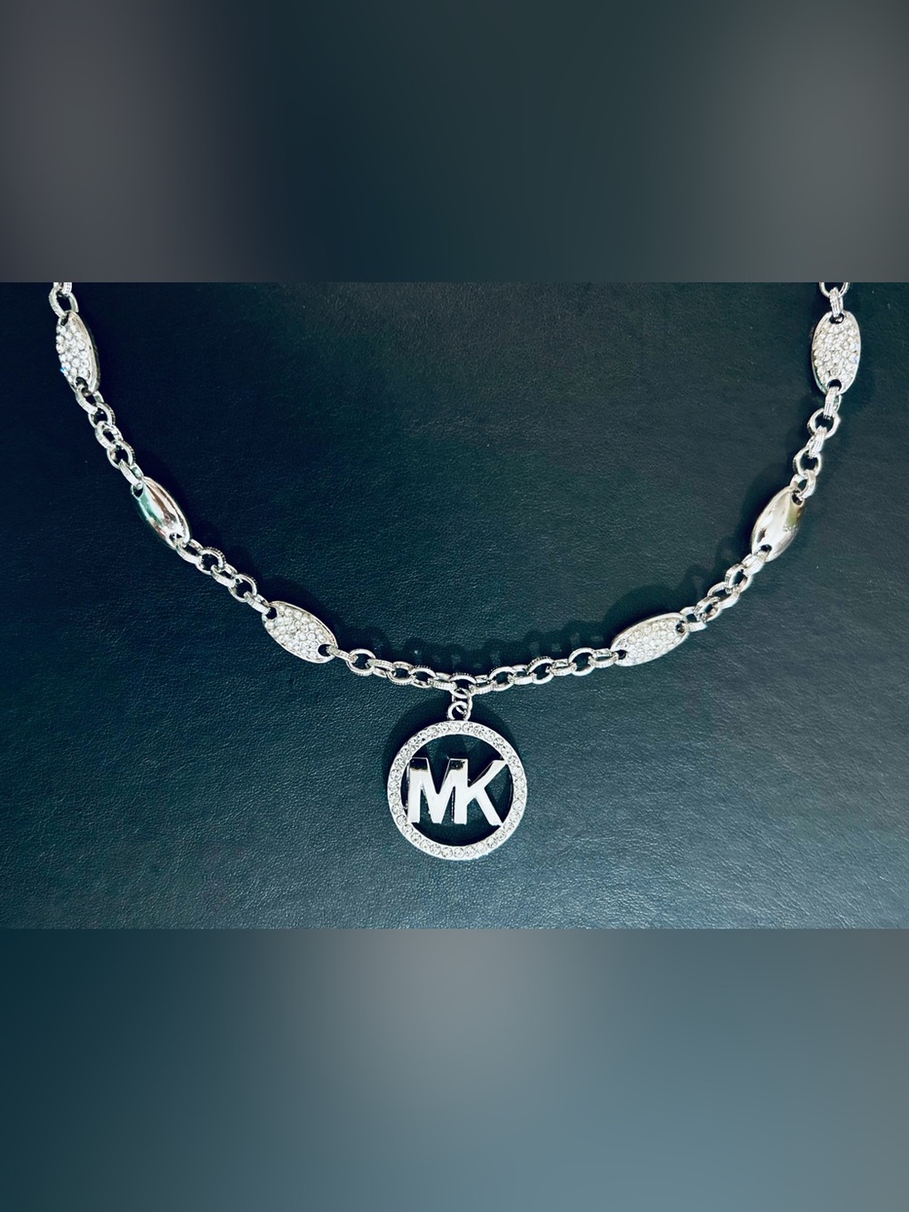 New Michael Kors Crystal-Accent MK Pendant Necklace Silver Tone
